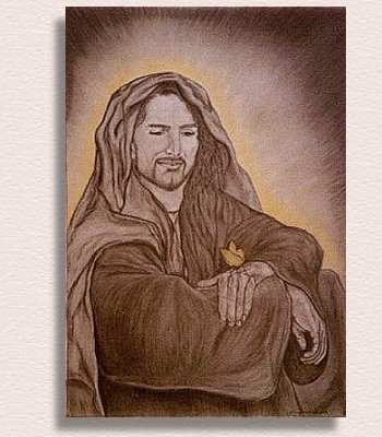 Fantasy portrait of Jesus Christ looking at a yellow butterfly. Portrait created in charcoal and pastel by portrait artist Nancy Anthony