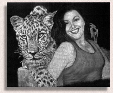 The Leopard and the Lady - a Painting created in Charcoal by Portrait Artist Nancy Anthony
