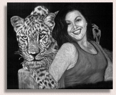 White Charcoal animal fantasy painting -on black paper- of a white leopard and a lady by portrait artist Nancy Anthony.