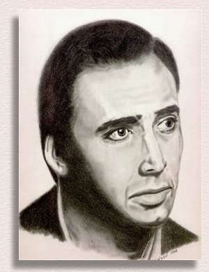 Painting of Actor Nicolas Cage created in Charcoal by Portrait Artist Nancy Anthony