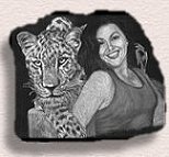 White Charcoal Fantasy portrait on black paper of a white leopard and a lady.
